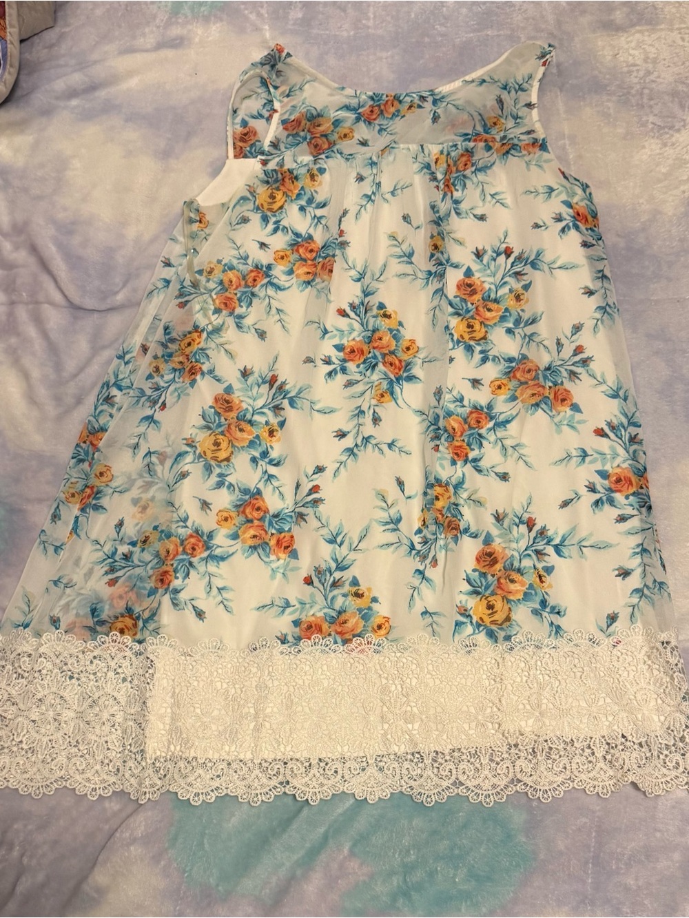 Lily Rose White Mini Dress with Blue Leaf Sprigs and Orange-Yellow Roses